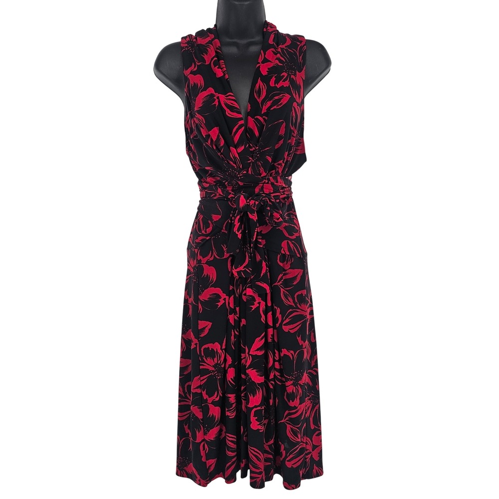 Norma Kamali Bold Floral Print Wrap Midi Dress 2X Black Red Knit Dark Romance